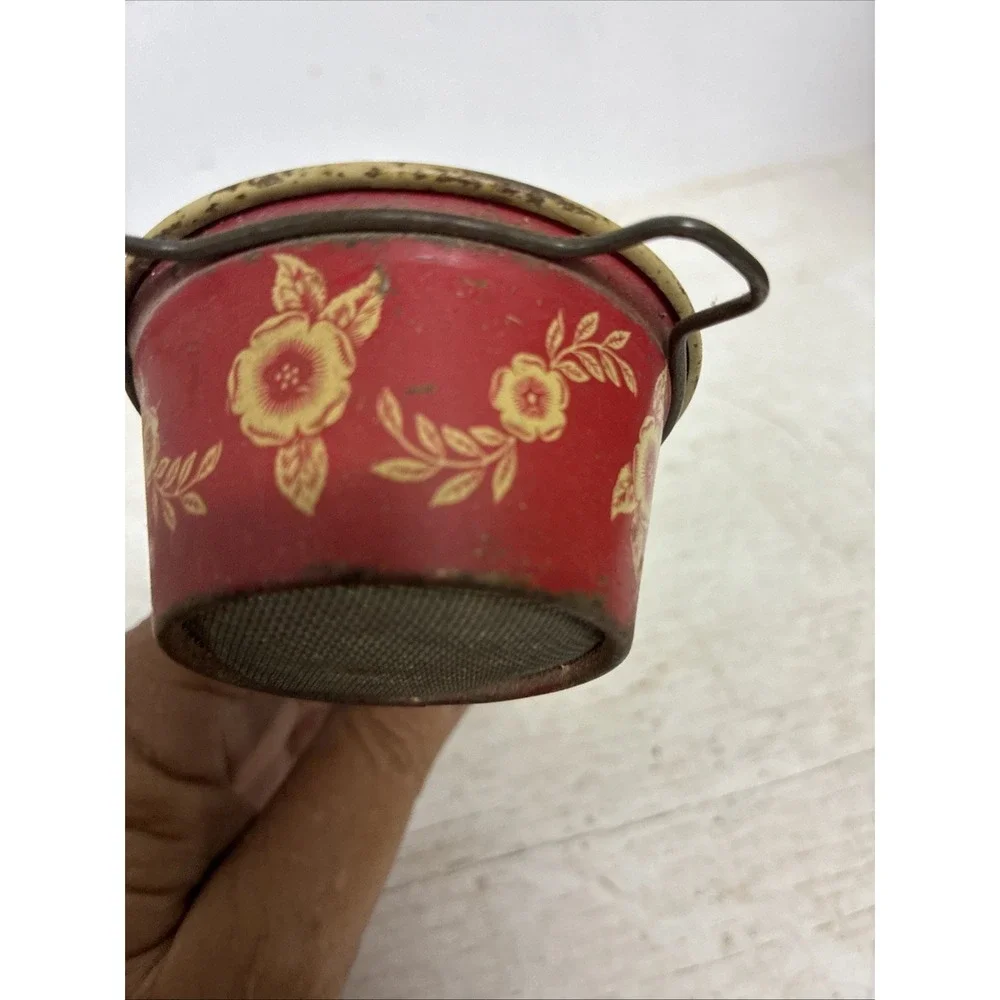 Rare Color Vintage RED & BEIGE FLOWERS Small SIFTER Enamelware Kitchen Scoop